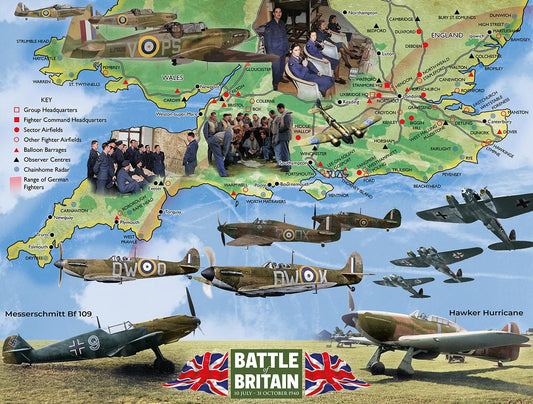 Map of England with Battle of Britain aircraft and personnel, featuring a key and British flags.