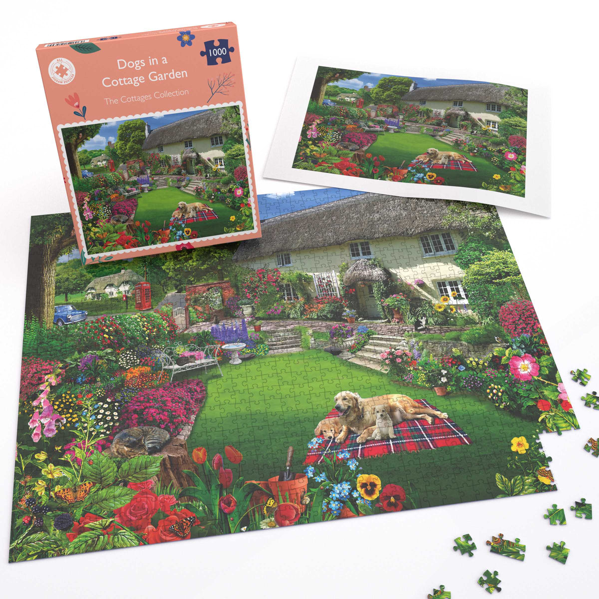 Dogs in a Cottage Garden 1000 or 500 Piece Jigsaw Puzzles