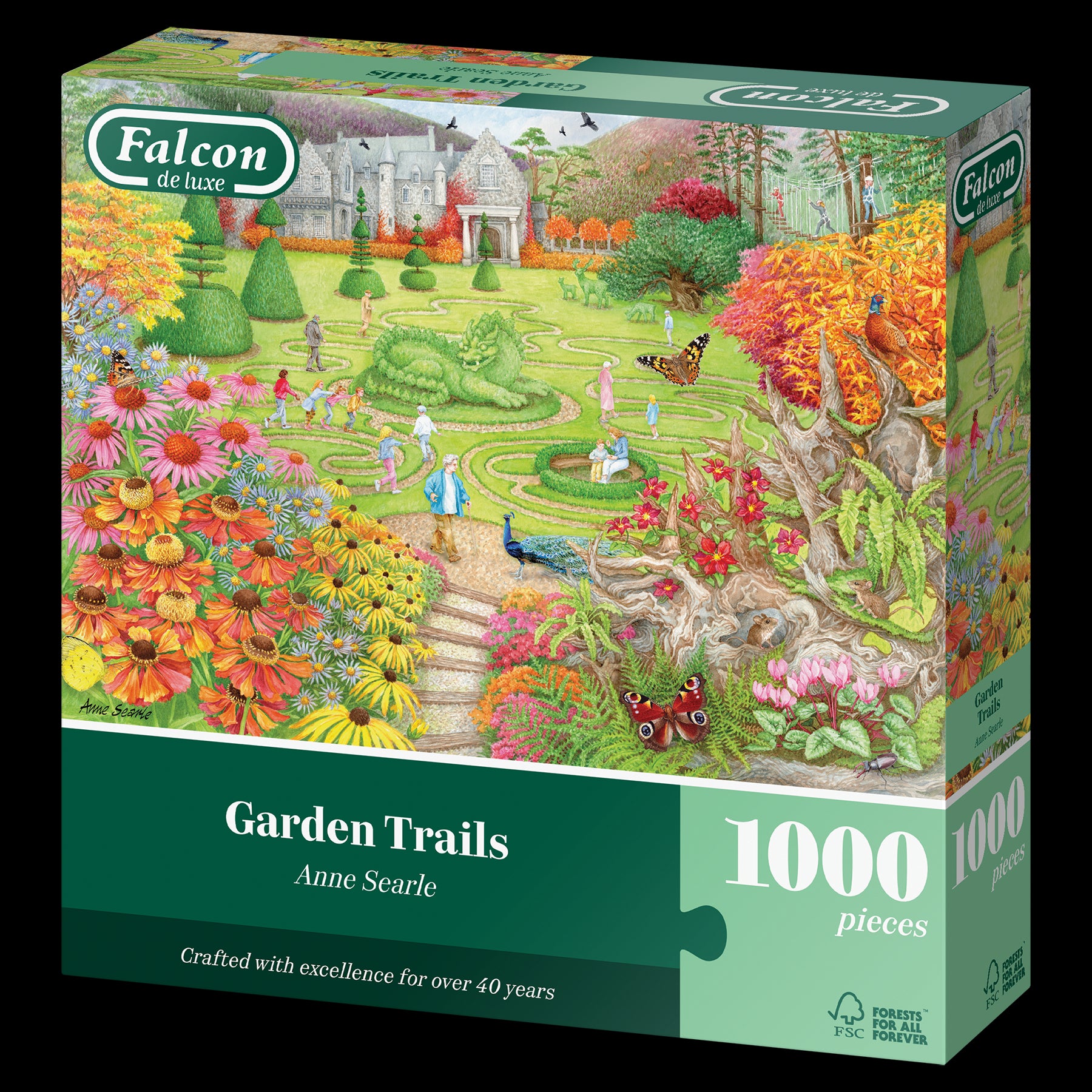 Jigsaw puzzle box titled 'Garden Trails' by Anne Searle with colorful garden illustration on a green background.