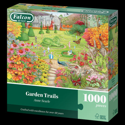 Jigsaw puzzle box titled 'Garden Trails' by Anne Searle with colorful garden illustration on a green background.