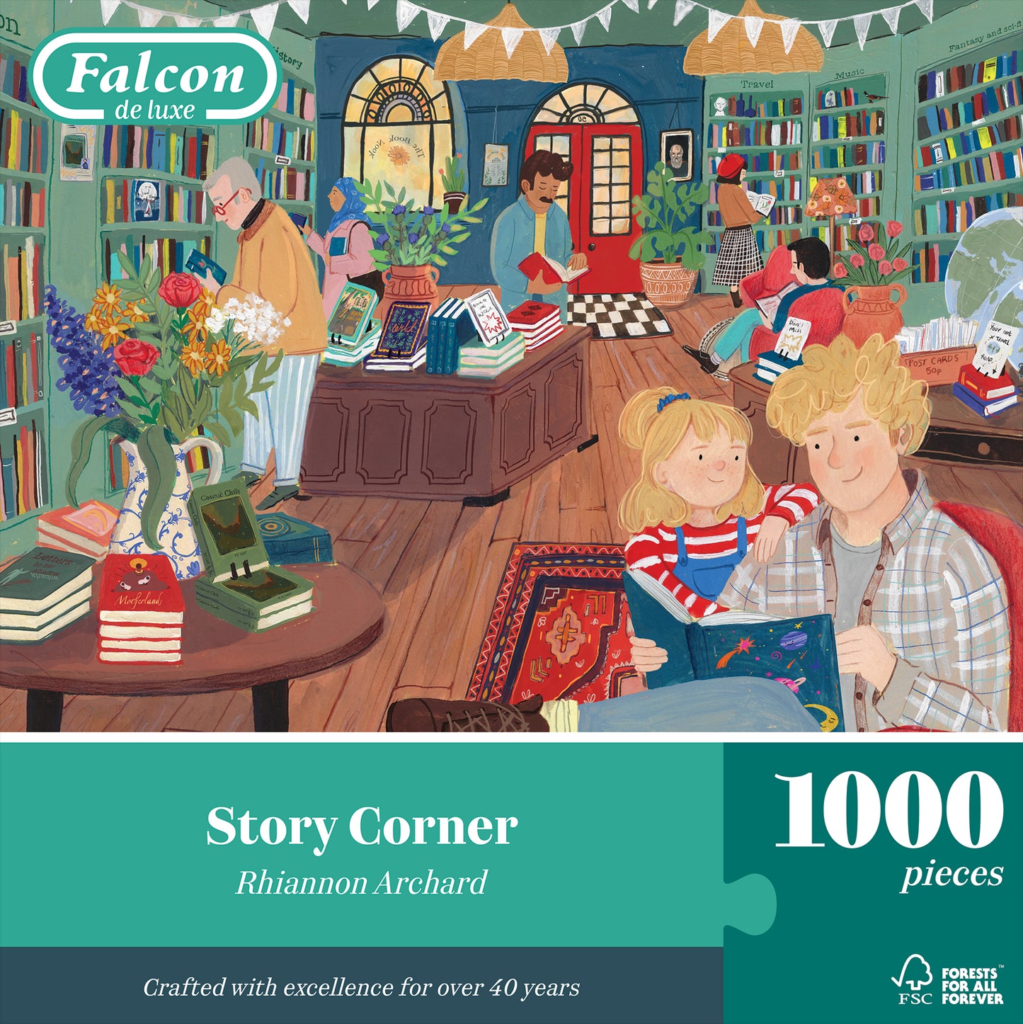 Jigsaw puzzle box with a colorful illustration of a story corner scene, featuring people and books.