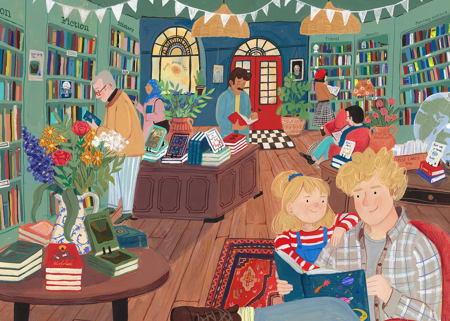 Illustration of a cozy bookstore with people browsing books and interacting.
