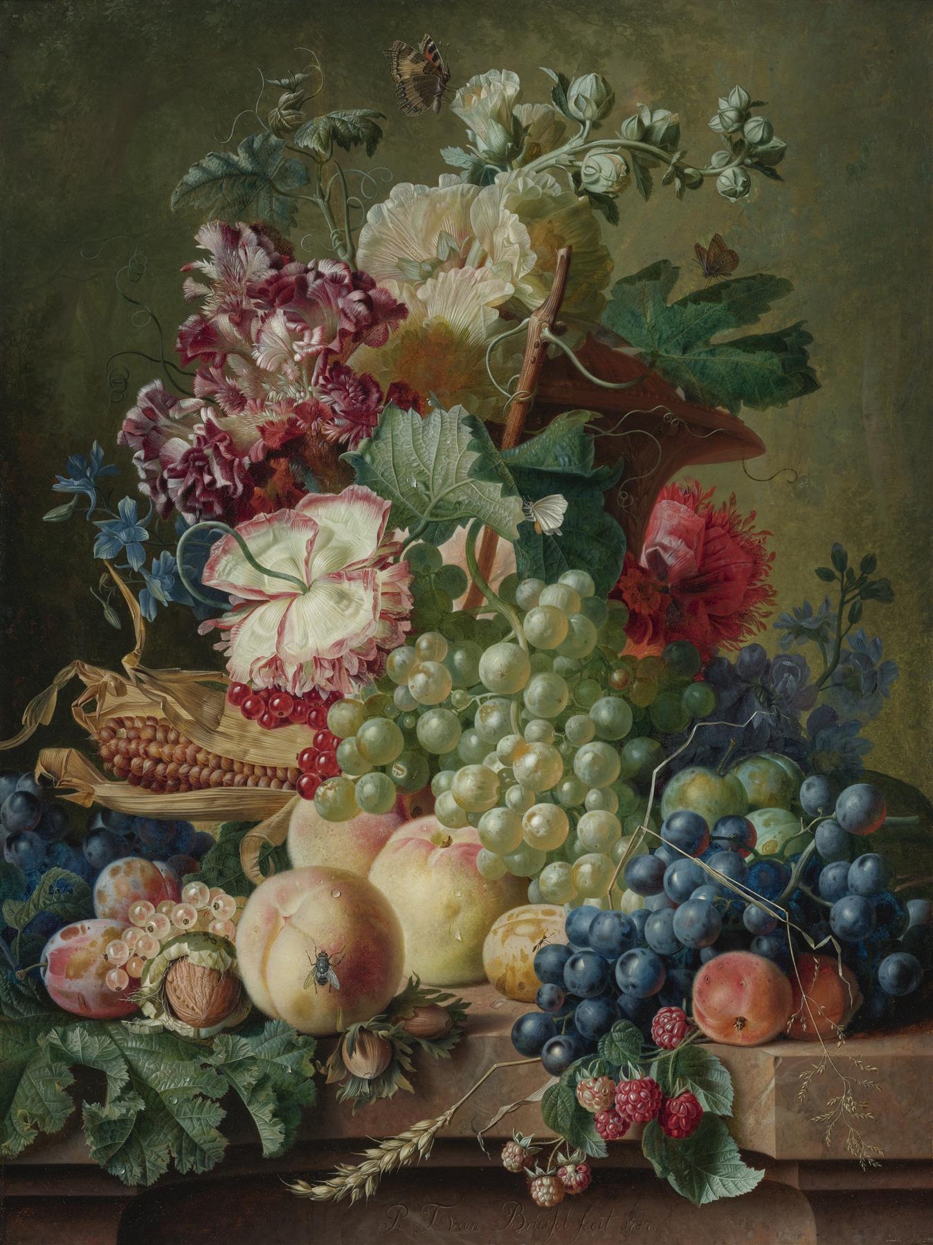 Still Life of Flowers and Fruit on a Marble Ledge by Paul Theodor Van Brussel 1000 or 500 Piece Jigsaw Puzzle